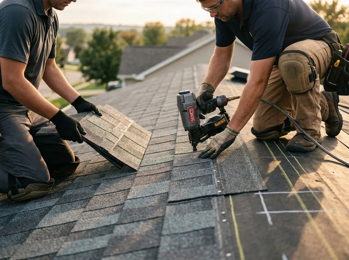 Professional roofer working on a residential roof in Carterville